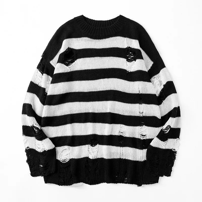 Black Stripe Sweaters Destroyed Ripped Sweater Men Pullover Hole Knit Jumpers Men Oversized Sweatshirt Harajuku Long Sleeve Tops voguable