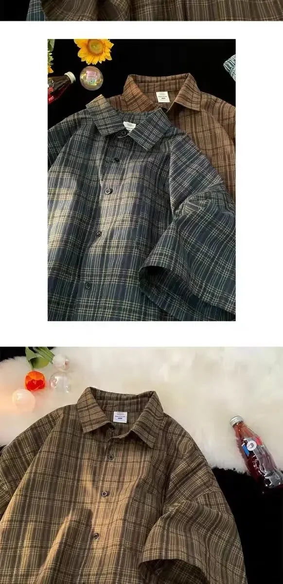 Japanese Vintage Plaid Short Sleeve Shirt Men's Streetwear Loose Fit Casual Stylish Versatile Half Sleeve Underwear voguable