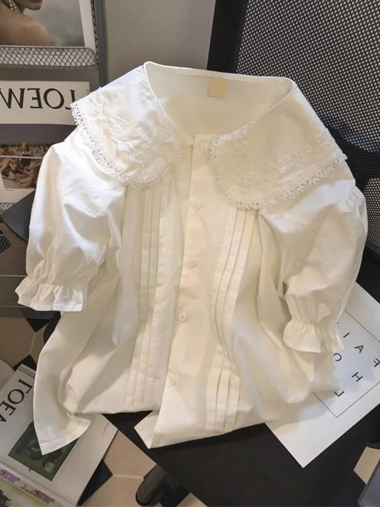 Cute Rabbit Ears White Shirt Women Casual Loose Short Sleeve Kawaii Blouse Vintage Peter Pan Collar Sweet Lady Japan Tops voguable