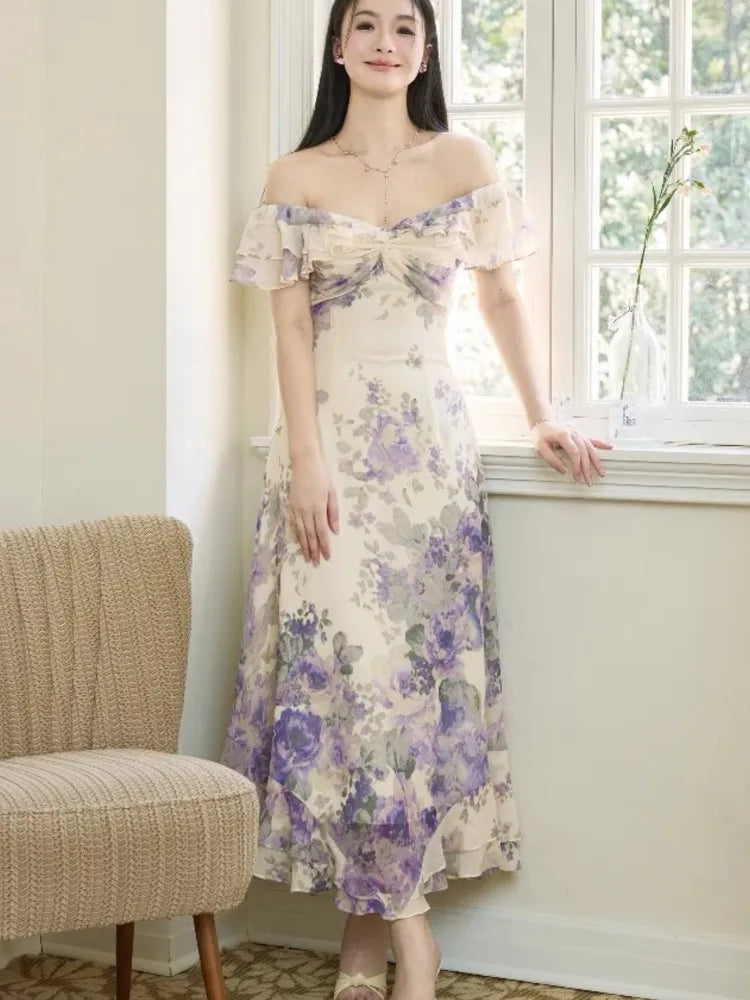 Summer 2025 New Vingeta Printing Dress For Woman Slash-Neck Ruffles Slim Waist Long Dresses Sexy Fashion Holiday Casual Vestidos voguable