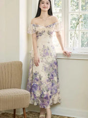 Summer 2025 New Vingeta Printing Dress For Woman Slash-Neck Ruffles Slim Waist Long Dresses Sexy Fashion Holiday Casual Vestidos voguable