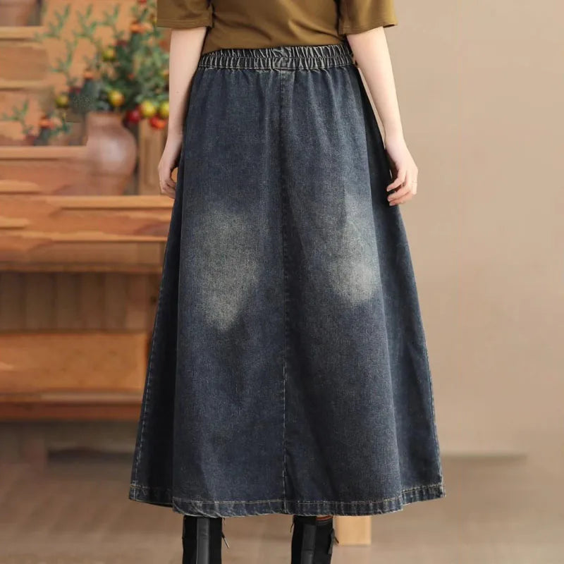 Voguable  High Waist Cotton Denim Skirt Women's Spring Autumn New Fashion Loose Elastic Waist Joker Long A Jeans Skirt Street Clothes voguable