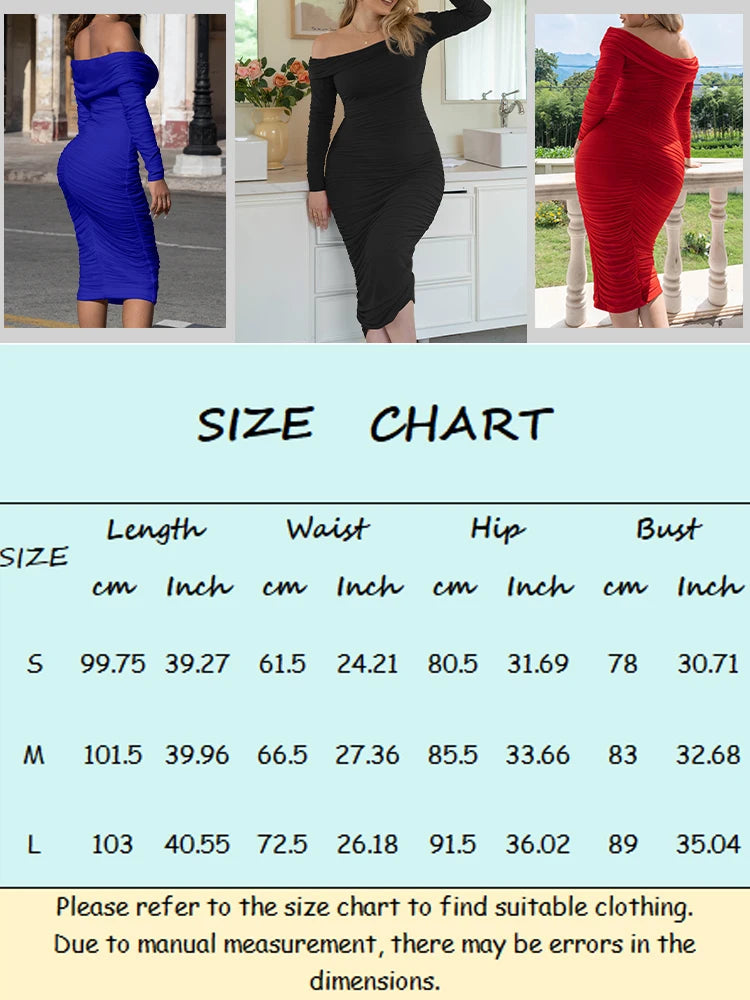 Voguable  Women's Long Sleeve Off-Shoulder Sexy Dress Solid Color Pleated Midi Slim Dress for Cocktail Party and Evening Wear voguable
