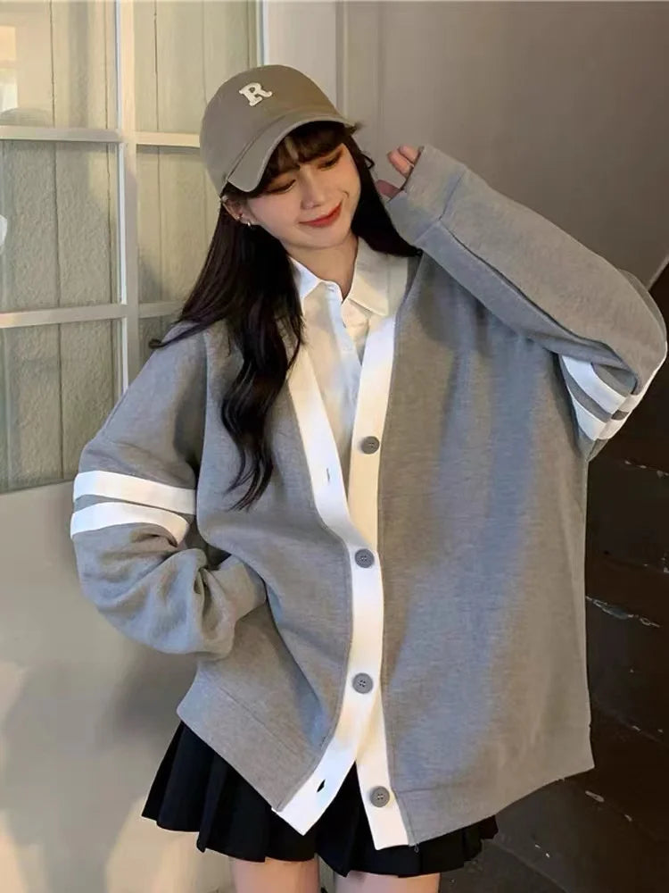 Varsity Cardigan Sweater for Women Long Sleeve V-Neck Button-up Knit Slouchy Cardi Korean School-girl Preppy Fall Winter Outfit voguable