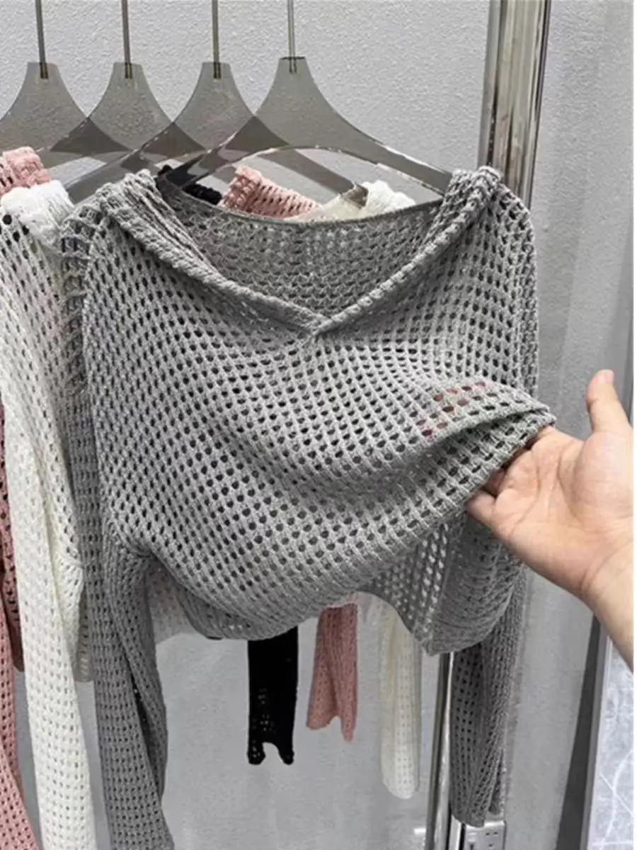 Pointelle Knit Hooded Sweater for Women Sheer Openwork Long Sleeve Boxy-fit Pullover Crop Top Teen-girl Spring Summer Y2K Outfit voguable