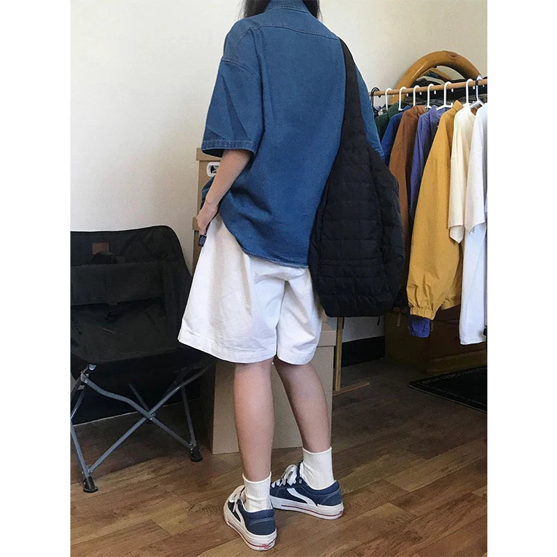 MEXZT Streetwear Pure Cotton Shorts Women Harajuku Oversized Cargo Shorts Summer Korean Black White Wide Leg Sports Short Pants voguable
