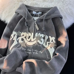 Y2K Letter Embroidered Hoodie Women Autumn Winter Vintage Zip Up Oversized Sweatshirt Harajuku Long Sleeve Hooded Jacket Clothes