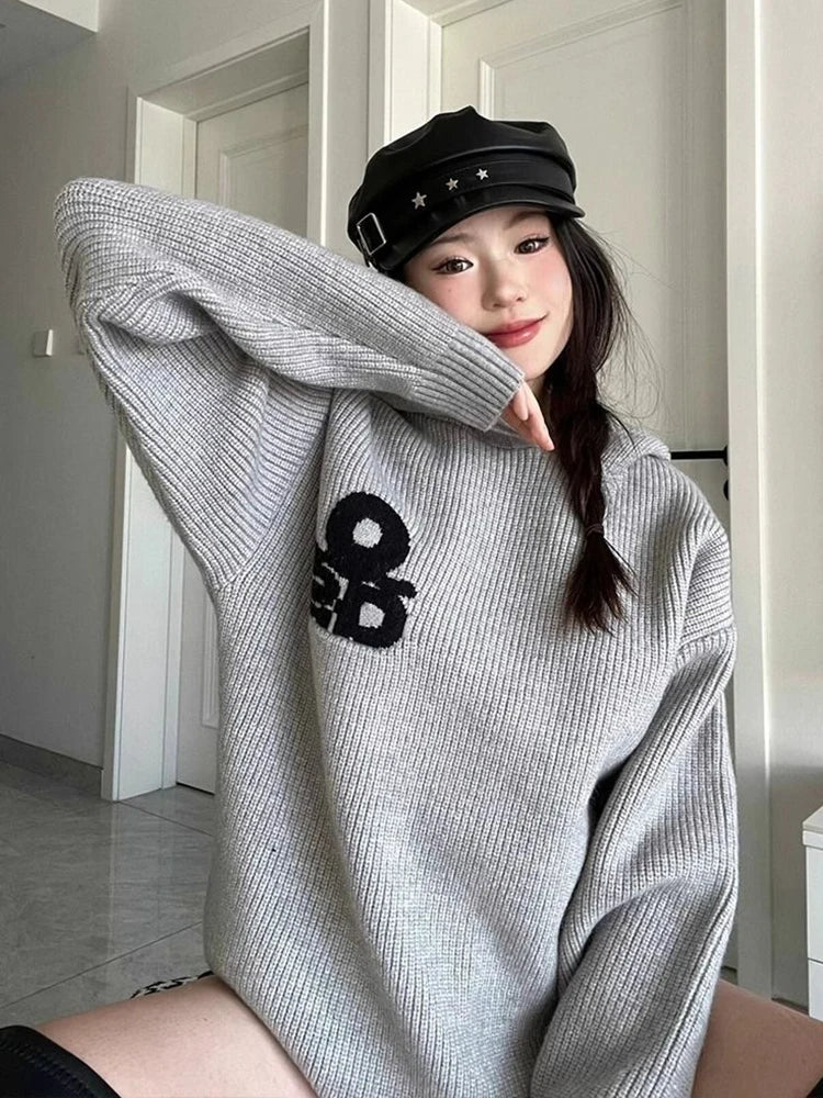 Vintage Gray Hooded Sweaters Women Lazy Wind Long Sleeve Loose Letter Knitted Jumper Casual American Retro Fall Pullovers voguable