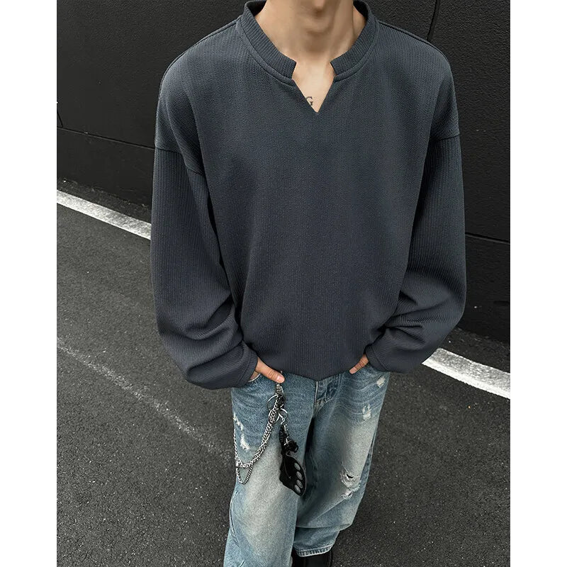 Long Sleeved T-shirt Men Fashion White Casual V-neck T Shirt Men Streetwear Korean Loose Pleated T Shirt Mens Top Plus Size 5XL voguable