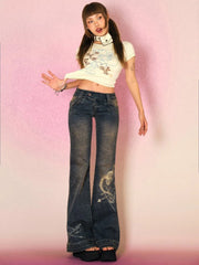 Voguable Y2K Low Rise Flare Jeans for Woman Streetwear Aesthetic Print Jean Pants Vintage Washed Denim Trouser Grunge Fairycore voguable