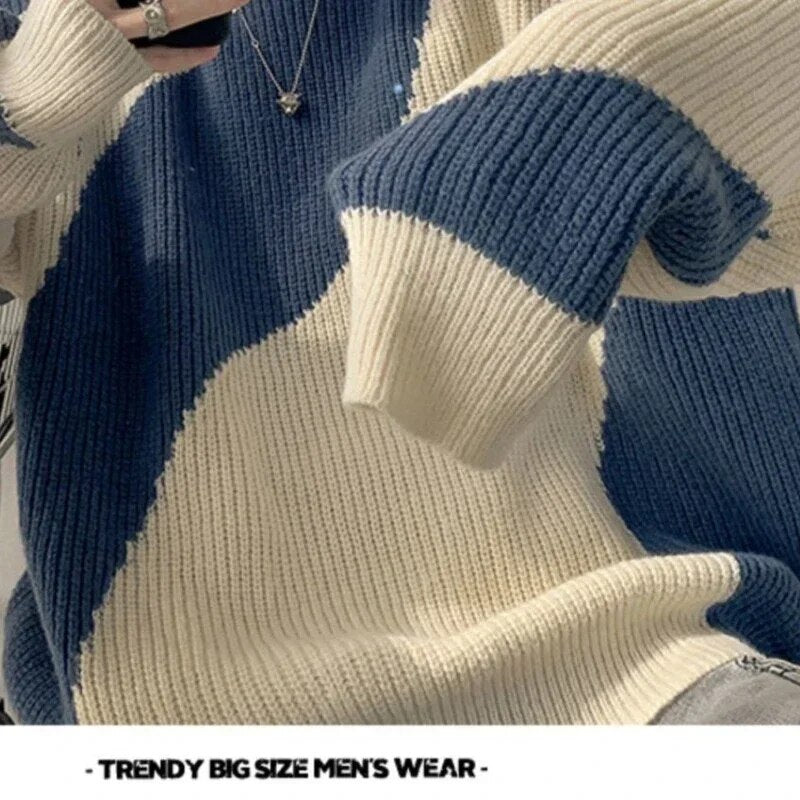 Autumn O-Neck Knit Sweater for Men Cow Patchwork Pullover Men Loose Casual Harajuku Korean Fashion Mens Oversized Sweater voguable