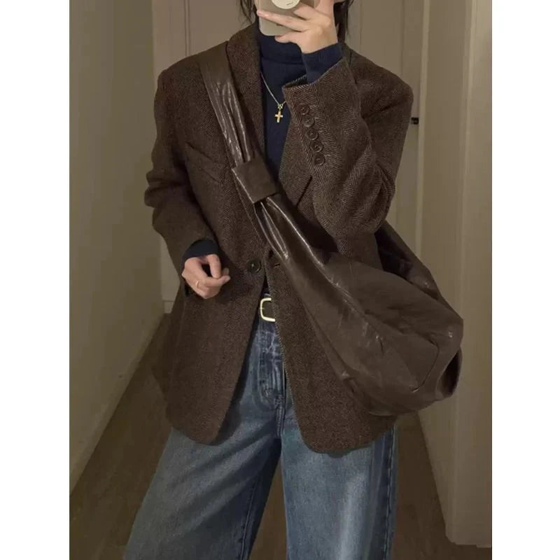 Retro Faux Woolen Blazer Coat Women Harajuku Long Sleeve Fall Winter Y2K Jacket Streetwear American Casual Lady Suit Coat voguable
