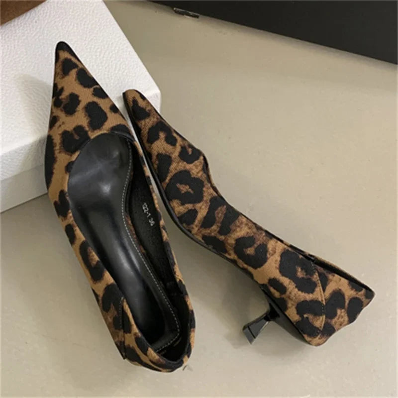 Voguable  Spring Design Leopard Print Woman Pumps Pointed Toe Thin Low Heels Elegant Party Female Shoes voguable