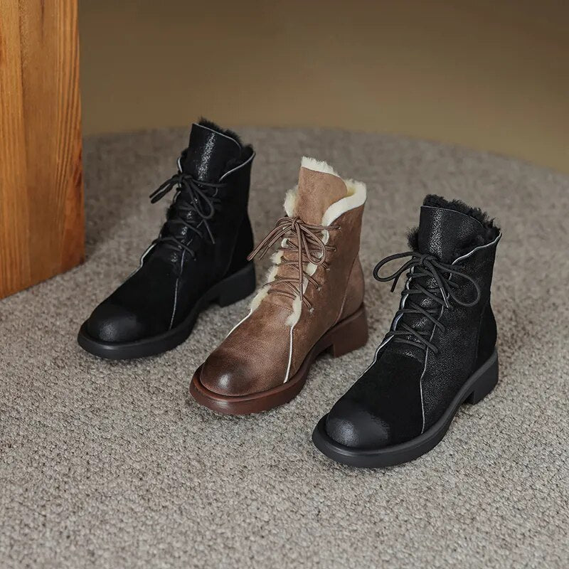 Winter New Women Ankle Boots Thick High Heels Warm Wool Snow Boots Genuine Leather Cross-Tied Popular Shoes Woman Casual voguable