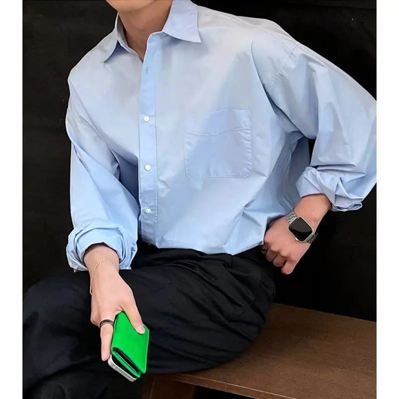 Voguable Spring New Korean Light Blue Shirt Men Oversized Solid Color Lapel Button Pocket Loose Business Casual Long Sleeve Men Shirts voguable