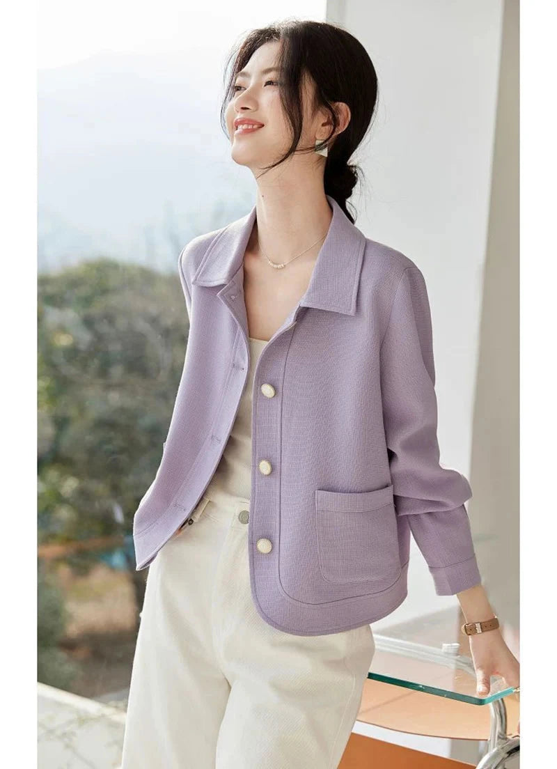 Elegant Slim Purple Jacket Women Sweet Long Sleeve Small Fragrance Coat Casual Fall Winter Lady French Pockets Fashion Tops voguable