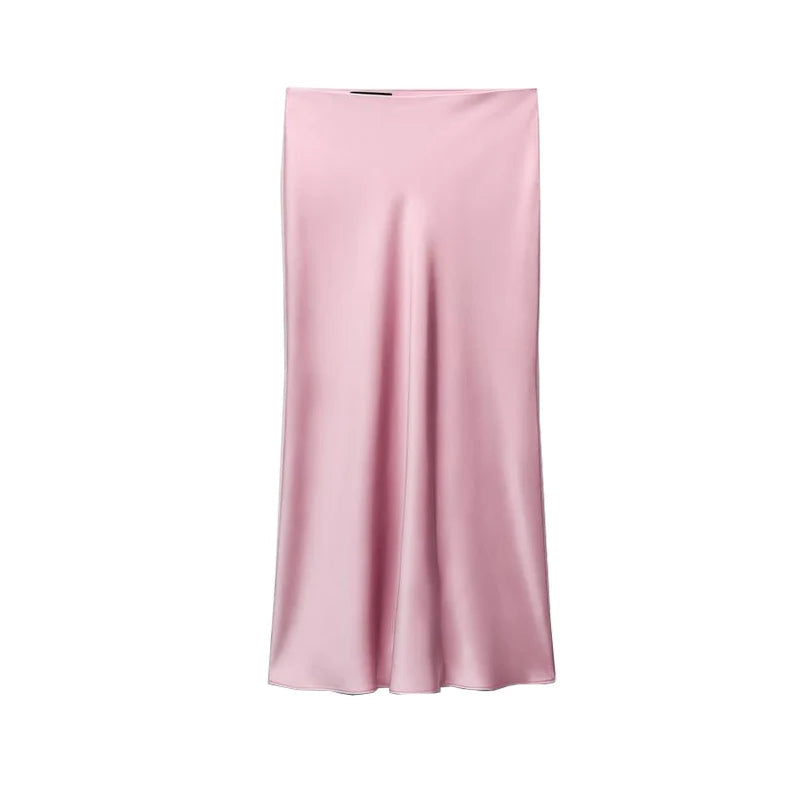 2025 Pink Sweet Satin Long Skirt New Solid Color High Waist Elegant Slim Summer Women Skirt Fashion Party Female Clothing voguable