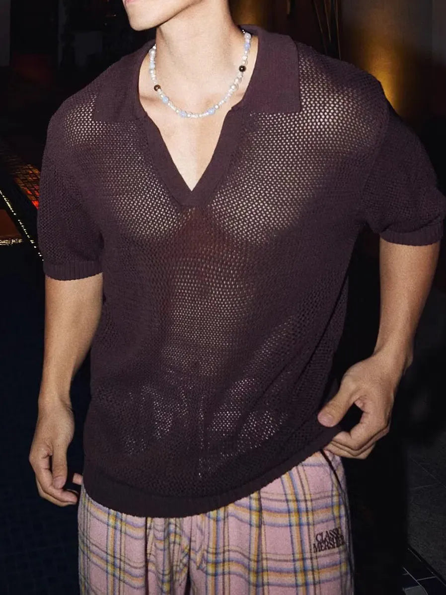 Voguable  Mesh Knitted Short Sleeve  Shirt with Large V-Neck for Men Breathable See-through Design Summer Fashion T-shirt for Teens voguable