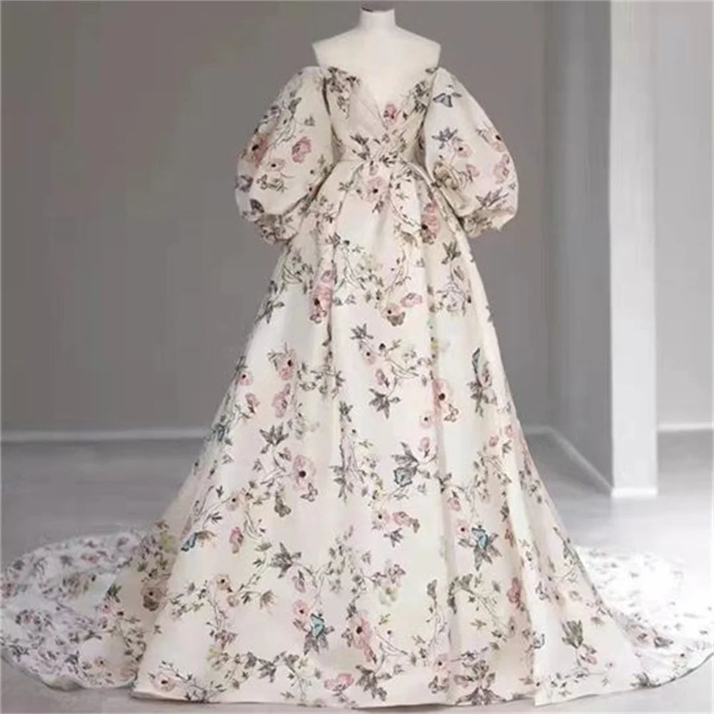 Voguable   Gorgeous Long Sweep Train  Flower Print Prom Gown Sweetheart Prom Dress Princess Side Split voguable