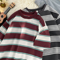 Voguable  Japanese Couple Color-blocking Short-sleeved T-shirt Hong Kong Style Loose Trend Striped Heavy Round Neck Half-sleeved T-shirt voguable