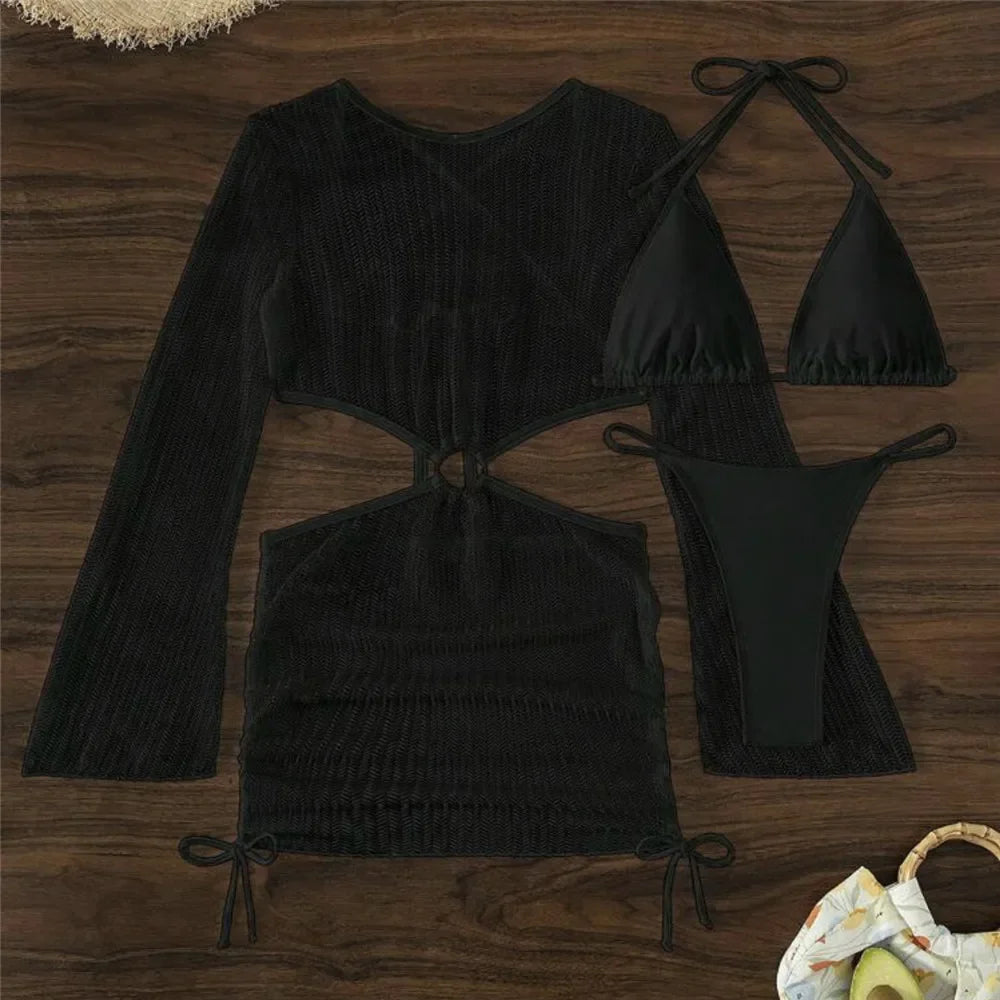 Voguable  White Mesh Backless Dress Cover Up Swimwear 3 Piece Bikini Set String Lace-up Micro Thong Swimsuit Women Halter Triangle Bikinis voguable