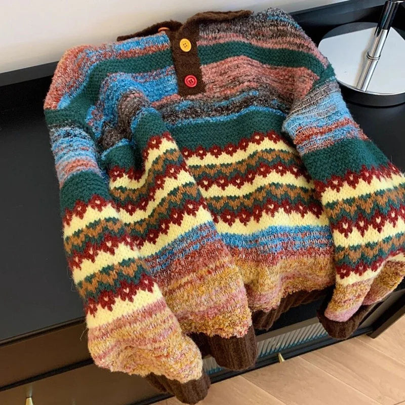 Vintage Print Harajuku Sweater Women Loose Fall Winter Sweet Knitted Jumper Casual Stand Collar Long Sleeve American Retro Tops voguable