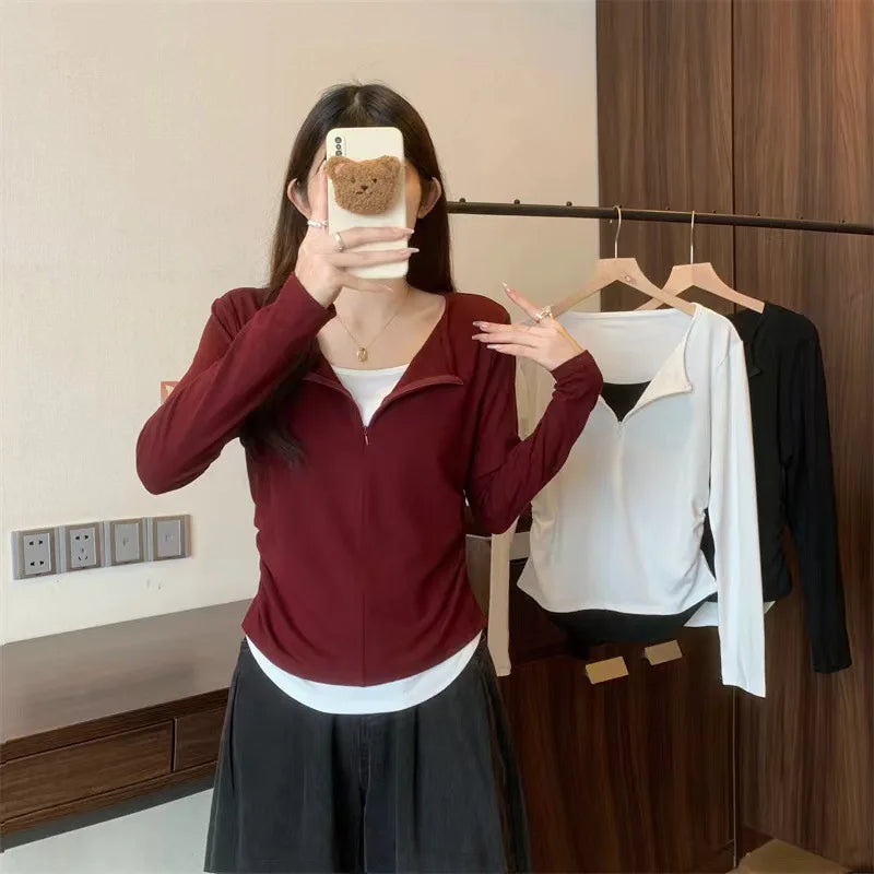 Long Sleeve T Shirt Women Fashion Fake Two Pieces Patchwork Basic Slim Zipper Slimming Bottoming Shirt Retro Red Casual T-shirt voguable