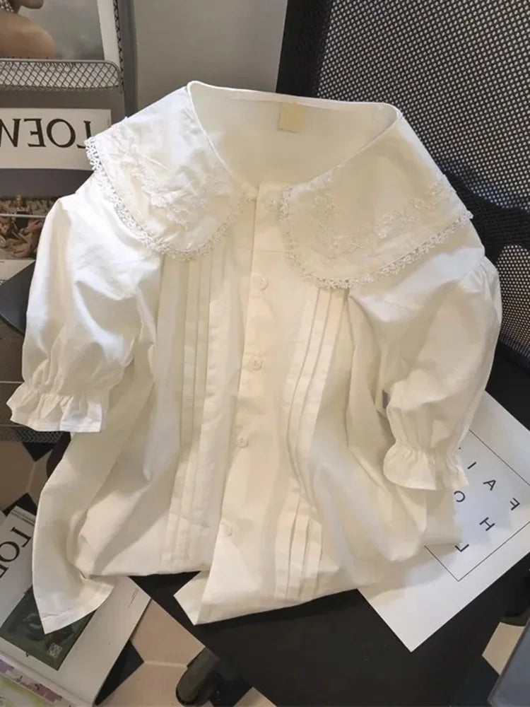 Cute Rabbit Ears White Shirt Women Casual Loose Short Sleeve Kawaii Blouse Vintage Peter Pan Collar Sweet Lady Japan Tops voguable