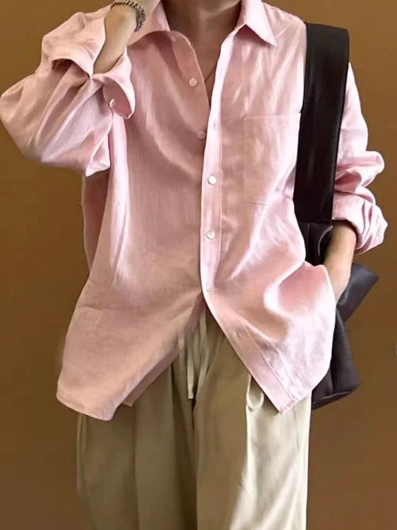 Voguable  Casual Cotton Long Sleeve Pink Shirt for Men Vintage Loose Fit Workwear Shirt Breathable Youthful Style Four Seasons Universal voguable