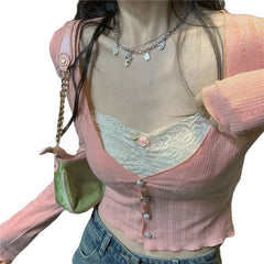 y2k Crop Top Sweet Aesthetic Clothes Women Lace Patchwork Long Sleeve T Shirt with Bow Decor 2000s Clothing Streetwear voguable