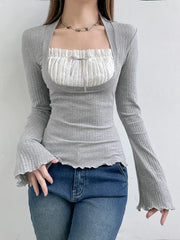 Voguable  y2k Lace Patchwork Fake Two Piece T-shirt Fairycore Flare Long Sleeve Tops Spring Casual Kawaii Clothes Korean Shirt voguable