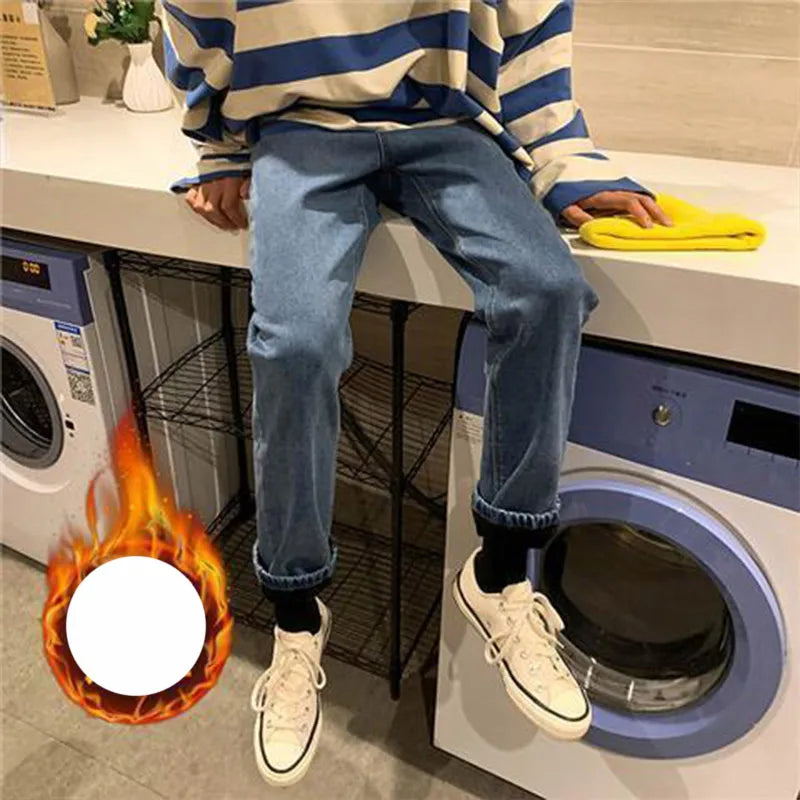 KPOP Fashion Style Harajuku Slim Fit Trousers Thickening All Match Casual Pants Pockets Straight Cylinder Korean Style Jeans voguable