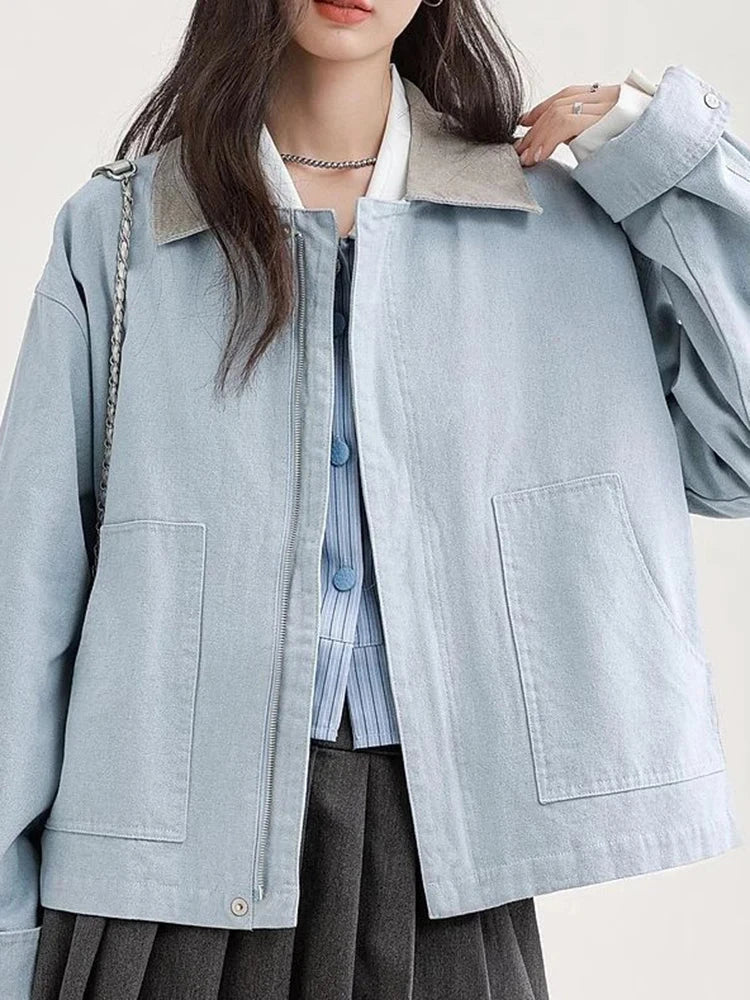 Blue Cargo Jacket Women Sweet Preppy Style Long Sleeve Retro Coat Casual Patchwork Turn Down Collar Korean Fall Outwear Top voguable