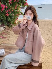 Pink Y2K Faux Suede Jacket Women Vintage Streetwear Long Sleeve Loose Coat Korean Casual Harajuku Fall Winter Outwear Tops voguable