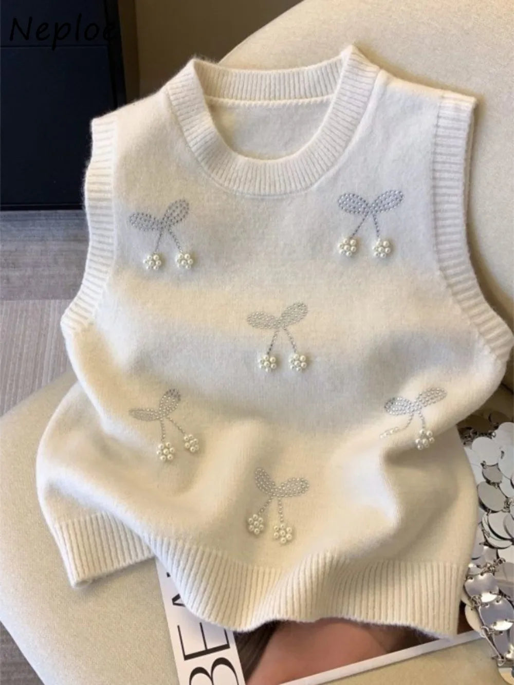 Voguable  Fresh Lovely New Heavy Beading Vest Layering Knit Slim Fit Sweaters Women Clothing Trendy All-match Literary Casual Camis voguable