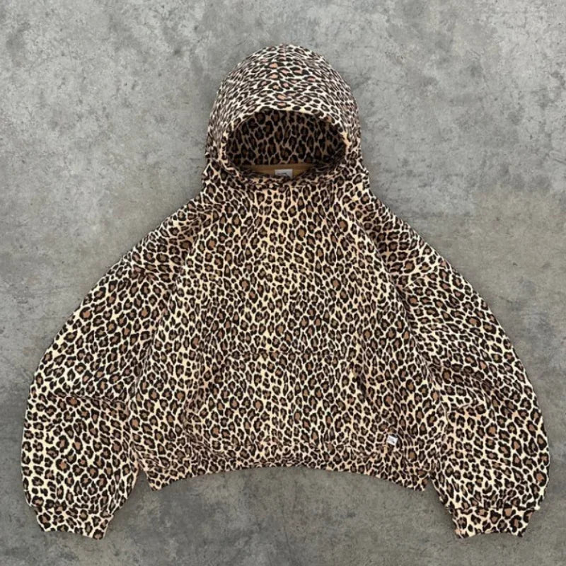 HOUZHOU Y2k Leopard Print Vintage Hoodies Women American Retro Fashion Streetwear Hiphop Oversized Hooded Sweatshirt Autumn 2024 voguable