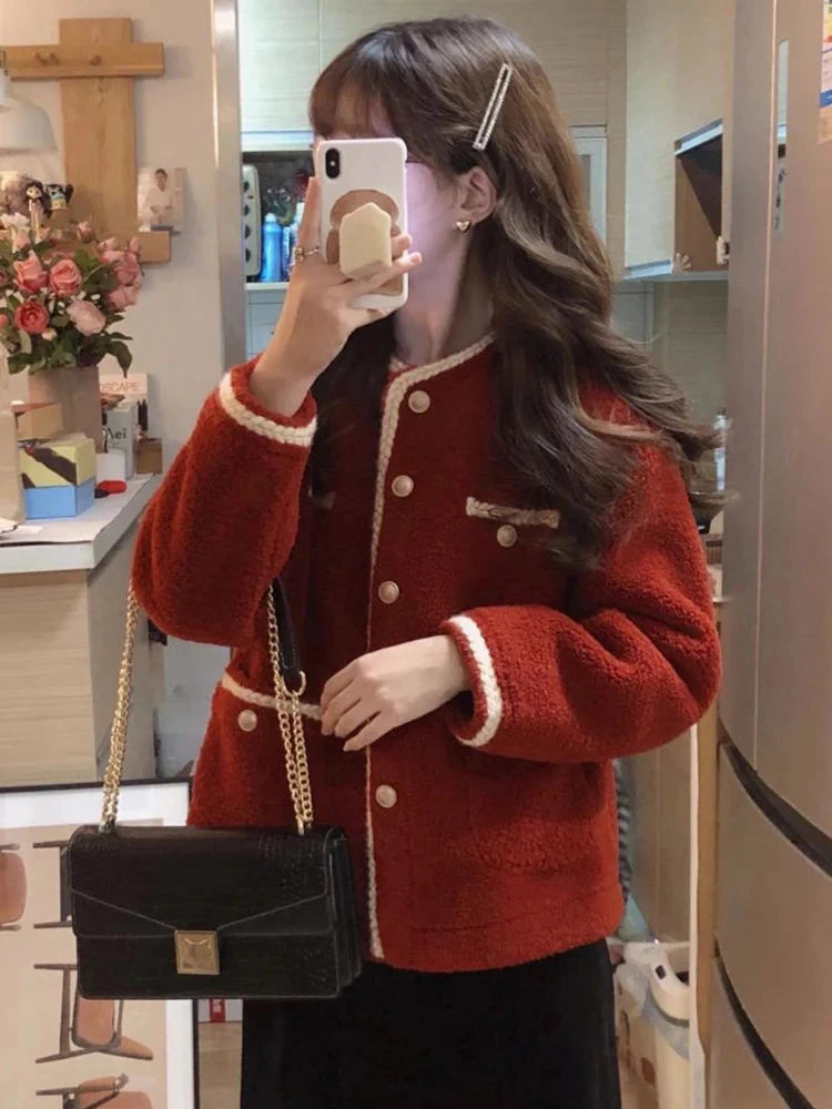 Red Faux Lamb Sweet Coat Women Korean Long Sleeve Winter Warm Jacket Vintage Casual O Neck Elegant Pearls Buttons Cute Tops voguable