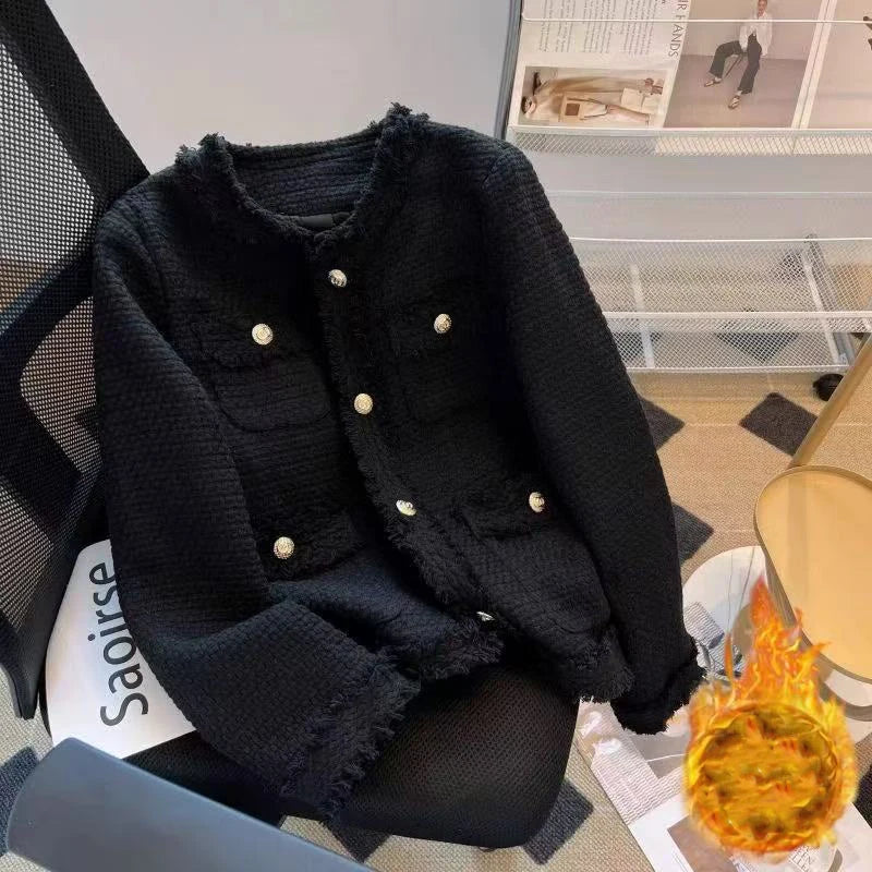 Fashion Tweed Jacket Women Winter Thick Warm Single Breasted O Neck Coats Korean Elegant Office Lady All Match Outwear Mujer New voguable