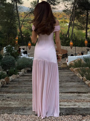 Off-shoulder Backless Sexy Maxi Dress Women Metal Flower Pink Patchwork Sleeveless Ruched Pleated Club Party Dress 2025 voguable