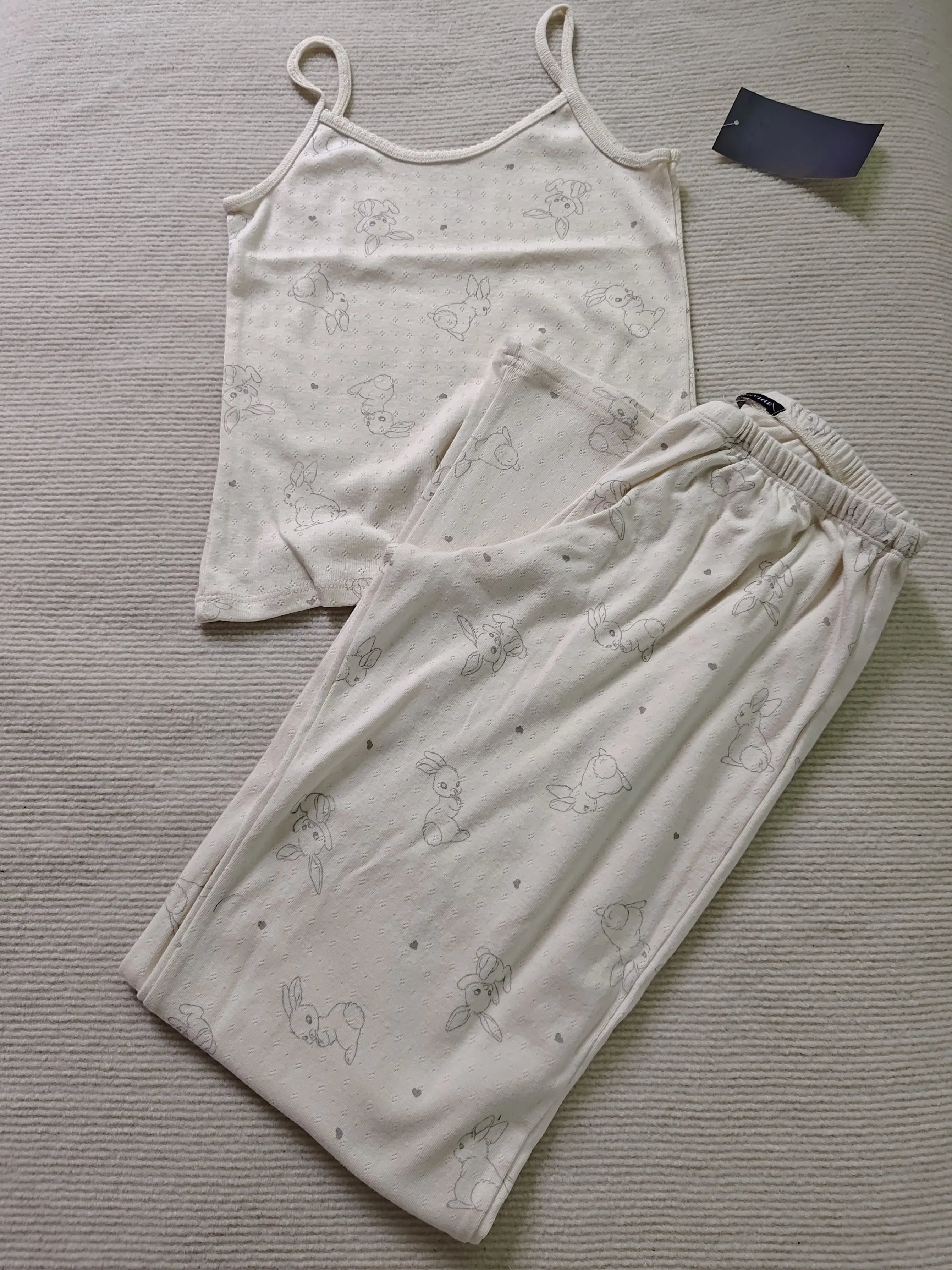 Skull Print Gray Vest Pants 2 Pieces Set Pajama Woman Sleeveless Slim Tank Top High Waist Straight Long Pant Cotton Vintage Sets voguable