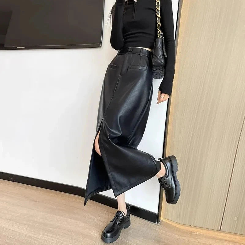 Sexy Slit Pu Long Skirt Women High Waist Slim Vintage Skirts Casual Fall Winter Lady Solid Retro American Streetwear Long Skirt voguable