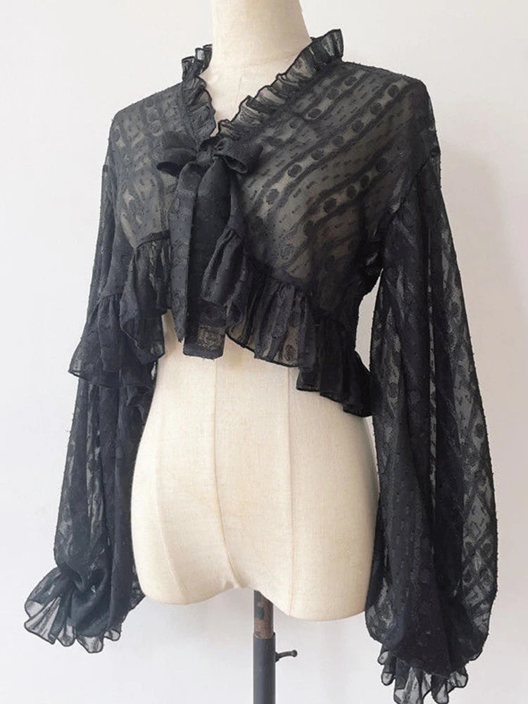 Lolita Sweet Sun Proof Shirt Women Cute Bow Lantern Sleeve Cropped Blouse Japan Kawaii Casual Elegant Jk Open Stitch Tops voguable