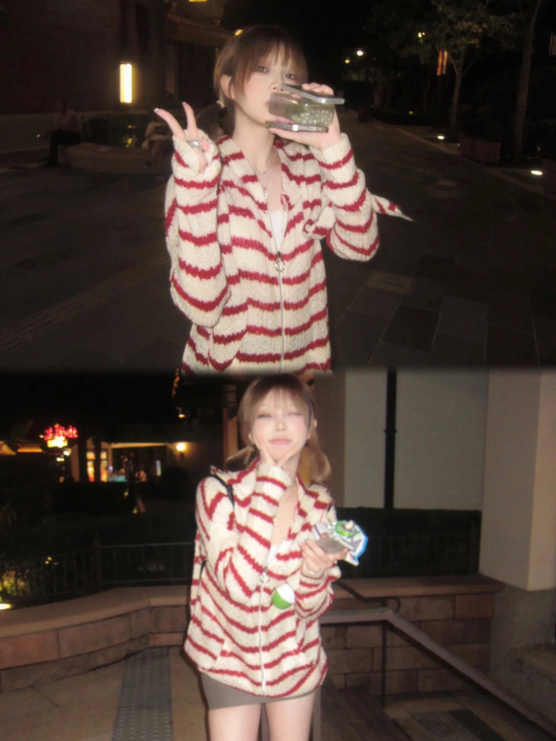 Japanese Y2k Hooded Cardigan 2000s Aesthetics Rabbit Ears Zipper Knitwear Vintage Harajuku Red Stripe Sweater Grunge voguable