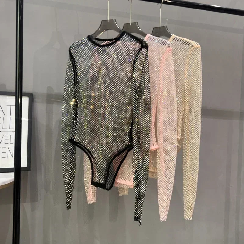 Voguable  Sexy Mesh Hollowed Out Jumpsuit T-shirt Rhinestone Round Neck Tight See-through One-piece Bottoming Shirt Ms voguable