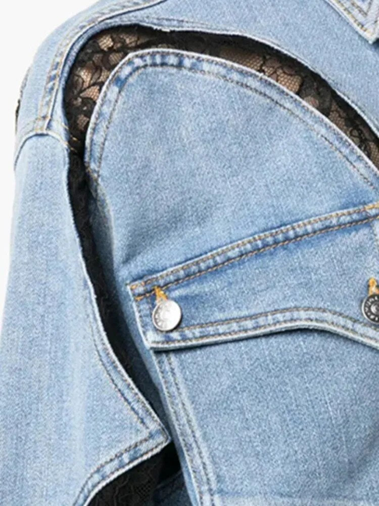 Fashion Women's Coat Loose Lapel Single Breasted Full Sleeve Lace Splited Solid Color Denim Jackets Summer  New voguable