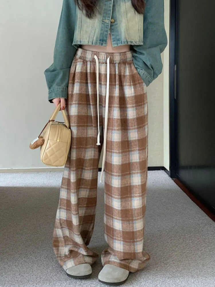 Vintage Faux Woolen Plaid Pant Women High Waist Soft Loose Wide Leg Trousers Casual Female Fall Winter Pockets Retro Y2K Pants voguable