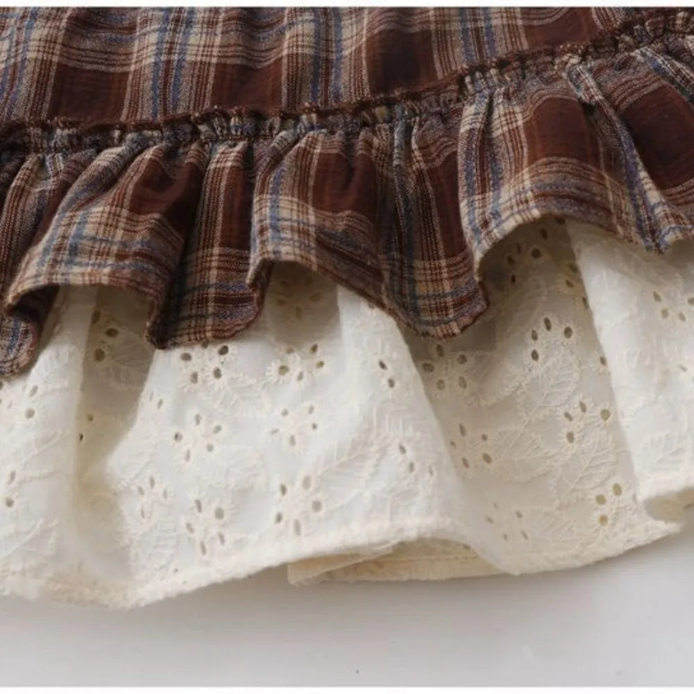 Voguable  American Vintage Plaid Embroidery Skirt Lace Patchwork Ruffles One-piece Fart Curtain Casual Slim Short French New Skirts voguable