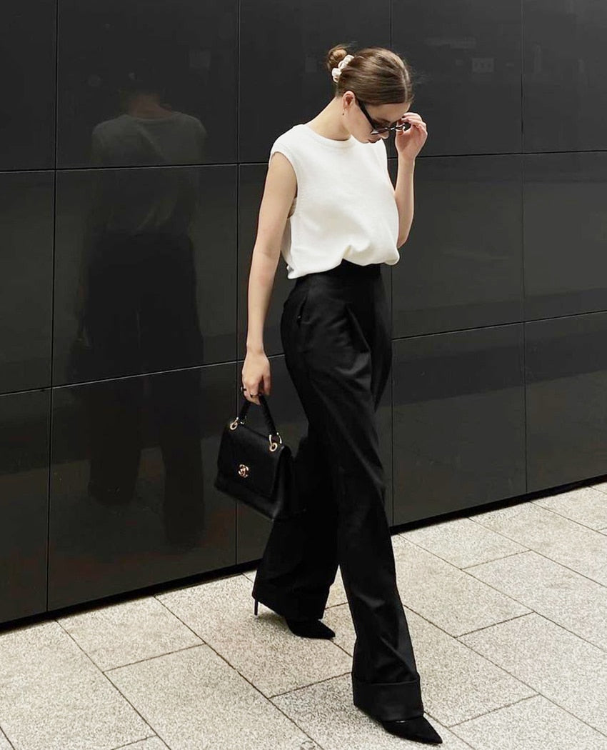 Spring Summer Black Ladies Office Trousers Women High Waist Pants Pockets Female Pleated Wide Leg Pants Solid voguable