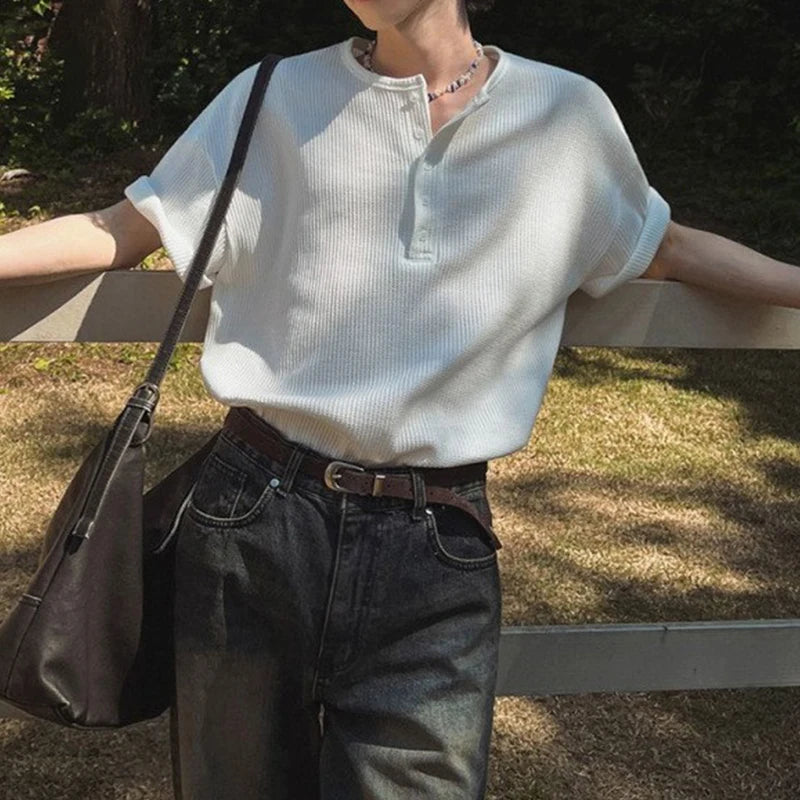 New Fashion Korean Style Men T-shirt Light Luxury Henry Collar Tops Casual Loose High Quality Solid Color Half Sleeve Tees M-2XL voguable
