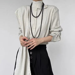 Voguable  Men French Stand Collar Shirt Irregular Artistic Design Style Casual Loose Tops Fashion Trend Office Wear Streetwear Retro voguable